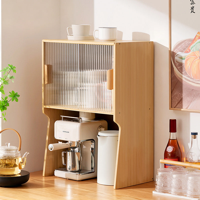 Traditional Japanese Curved Bamboo MDF Glass Countertop Storage Cabinet 1/2-Tier For Kitchen