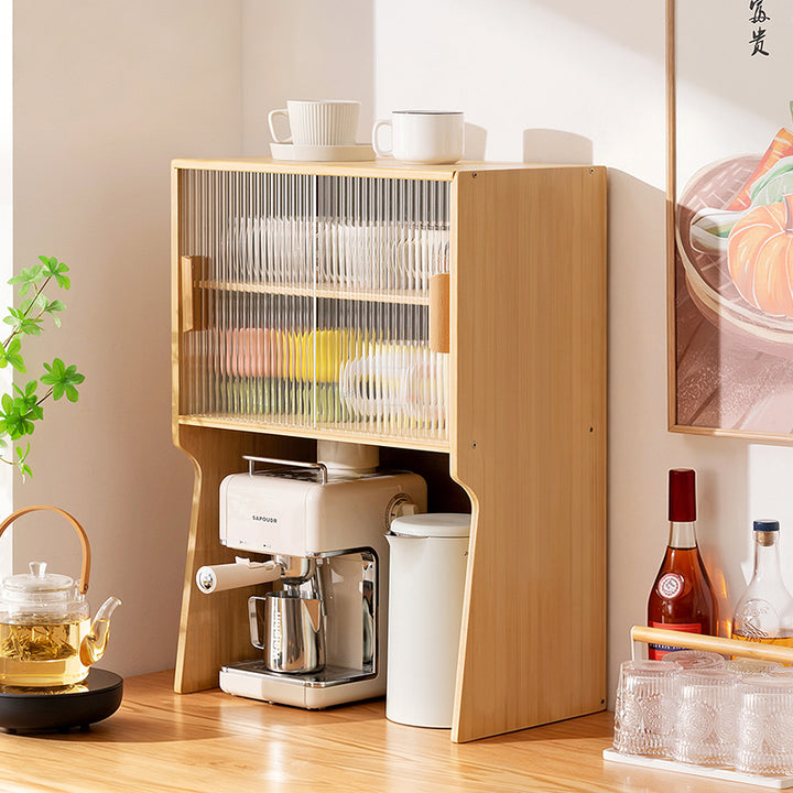 Traditional Japanese Curved Bamboo MDF Glass Countertop Storage Cabinet 1/2-Tier For Kitchen