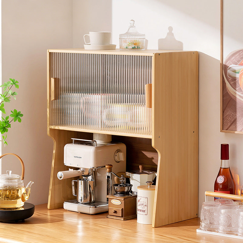 Traditional Japanese Curved Bamboo MDF Glass Countertop Storage Cabinet 1/2-Tier For Kitchen
