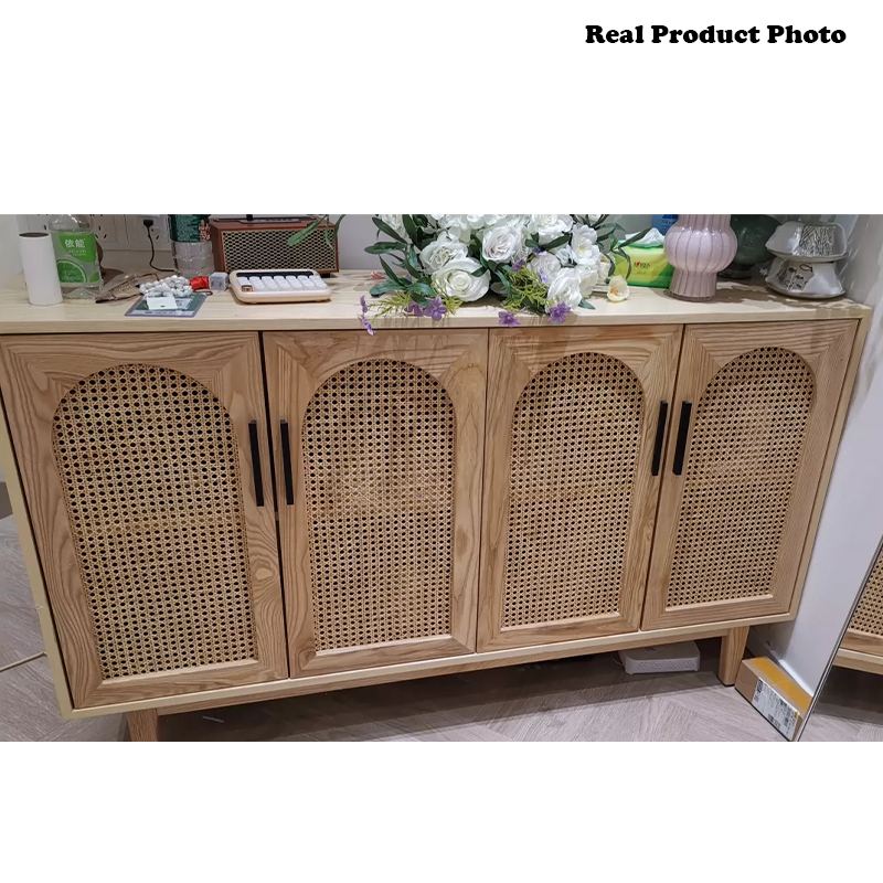 Modern Minimalist Rectangular Rattan Ash Stainless Steel Storage Cabinet 2/3/4 Door For Living Room