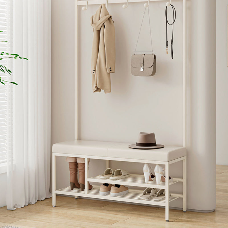 Modern Minimalist Rectangular Carbon Steel Plywood &amp; PU Leather Shoe Bench 2-Tier For Entryways