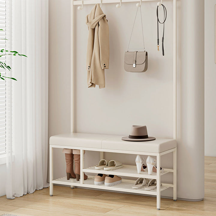 Modern Minimalist Rectangular Carbon Steel Plywood &amp; PU Leather Shoe Bench 2-Tier For Entryways