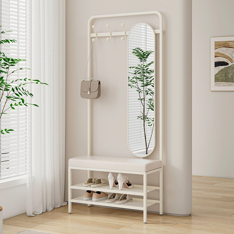 Modern Minimalist Rectangular Carbon Steel Plywood &amp; PU Leather Shoe Bench 2-Tier For Entryways