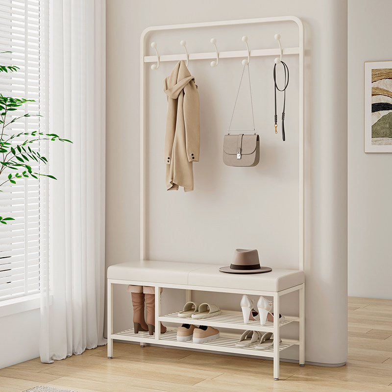 Modern Minimalist Rectangular Carbon Steel Plywood &amp; PU Leather Shoe Bench 2-Tier For Entryways