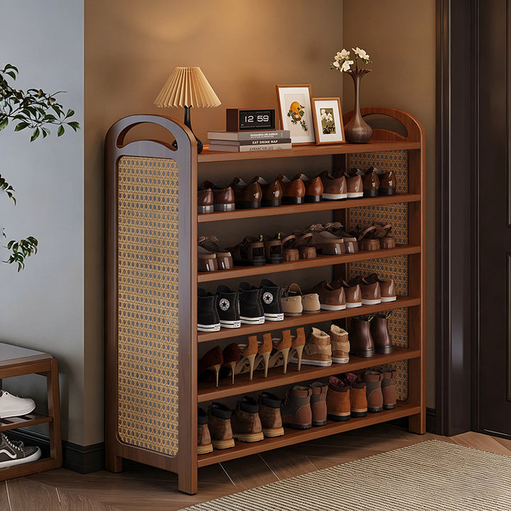 Traditional Japanese Rectangular Nanmu Bamboo MDF PE Rattan Metal Shoe Storage 3/4/5/6 Tier For Entryways