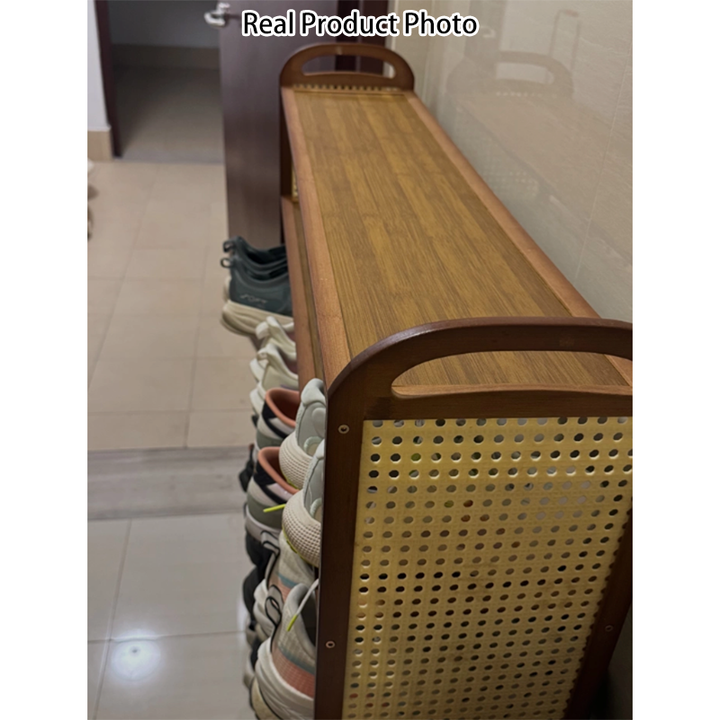 Traditional Japanese Rectangular Nanmu Bamboo MDF PE Rattan Metal Shoe Storage 3/4/5/6 Tier For Entryways