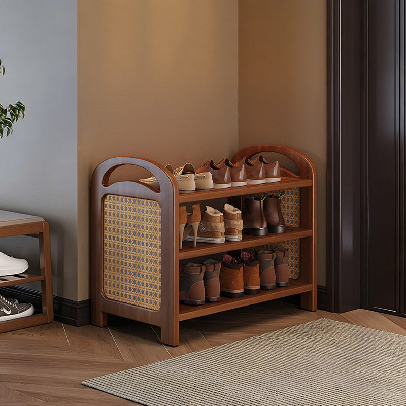 Traditional Japanese Rectangular Nanmu Bamboo MDF PE Rattan Metal Shoe Storage 3/4/5/6 Tier For Entryways