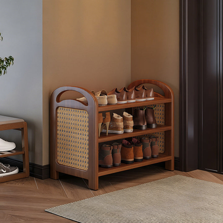 Traditional Japanese Rectangular Nanmu Bamboo MDF PE Rattan Metal Shoe Storage 3/4/5/6 Tier For Entryways