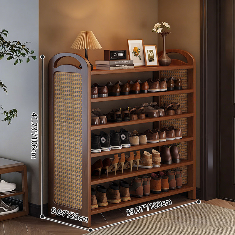 Traditional Japanese Rectangular Nanmu Bamboo MDF PE Rattan Metal Shoe Storage 3/4/5/6 Tier For Entryways