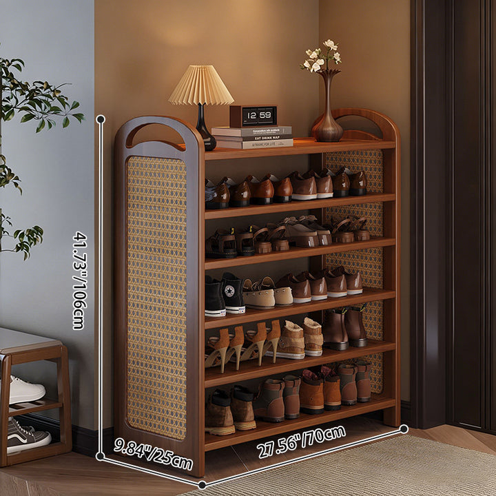 Traditional Japanese Rectangular Nanmu Bamboo MDF PE Rattan Metal Shoe Storage 3/4/5/6 Tier For Entryways