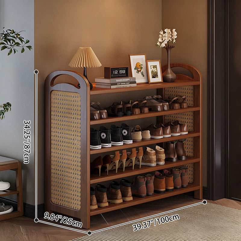 Traditional Japanese Rectangular Nanmu Bamboo MDF PE Rattan Metal Shoe Storage 3/4/5/6 Tier For Entryways