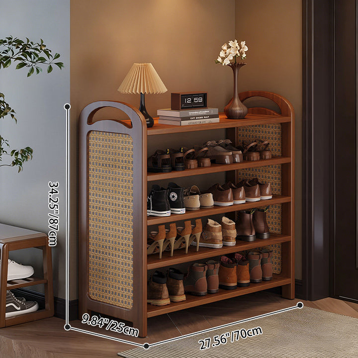 Traditional Japanese Rectangular Nanmu Bamboo MDF PE Rattan Metal Shoe Storage 3/4/5/6 Tier For Entryways