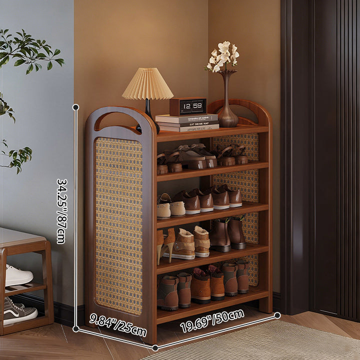 Traditional Japanese Rectangular Nanmu Bamboo MDF PE Rattan Metal Shoe Storage 3/4/5/6 Tier For Entryways