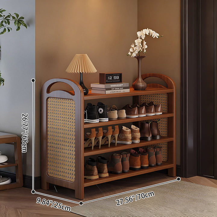 Traditional Japanese Rectangular Nanmu Bamboo MDF PE Rattan Metal Shoe Storage 3/4/5/6 Tier For Entryways