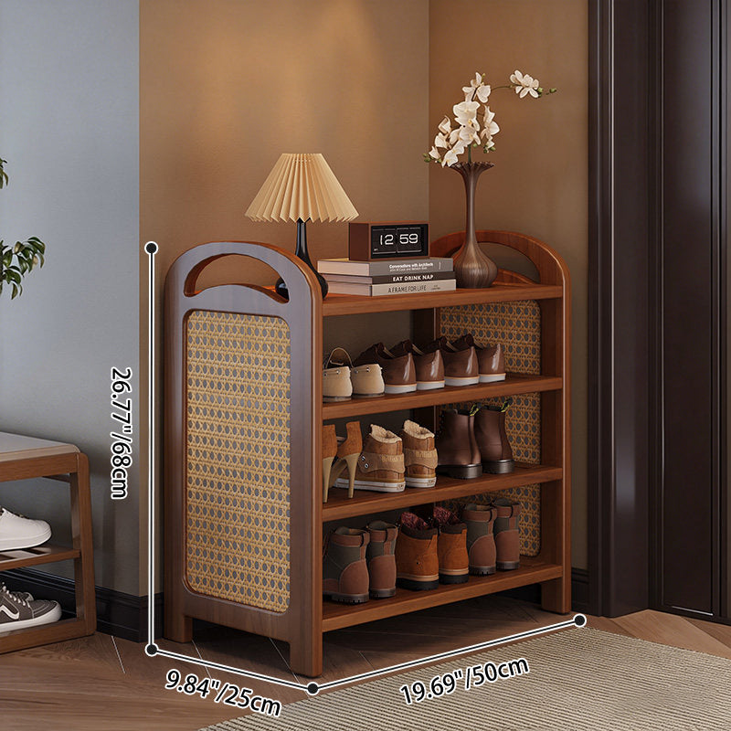 Traditional Japanese Rectangular Nanmu Bamboo MDF PE Rattan Metal Shoe Storage 3/4/5/6 Tier For Entryways