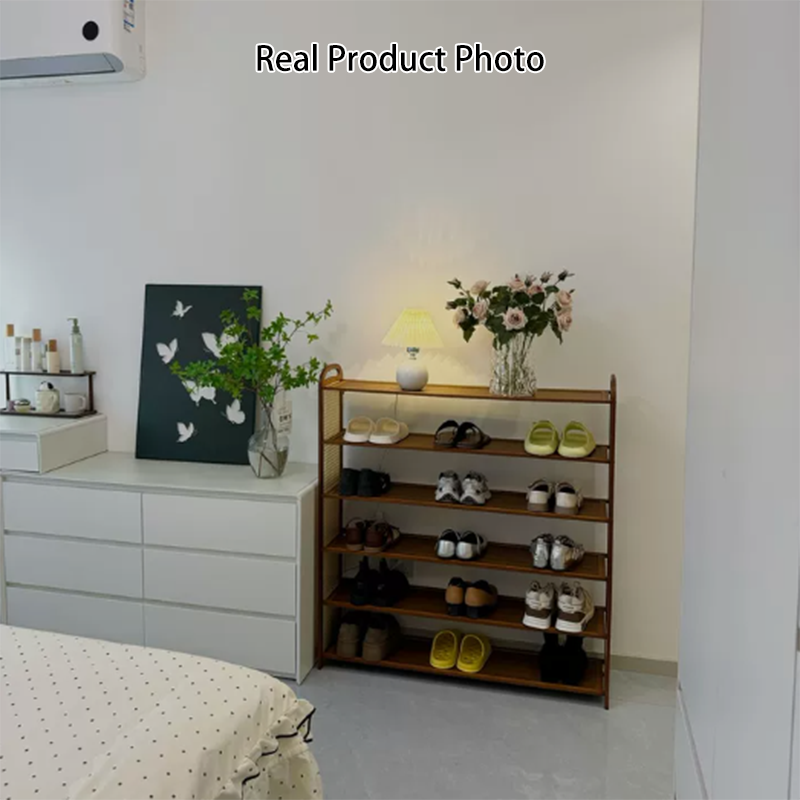 Traditional Japanese Rectangular Nanmu Bamboo MDF PE Rattan Metal Shoe Storage 3/4/5/6 Tier For Entryways
