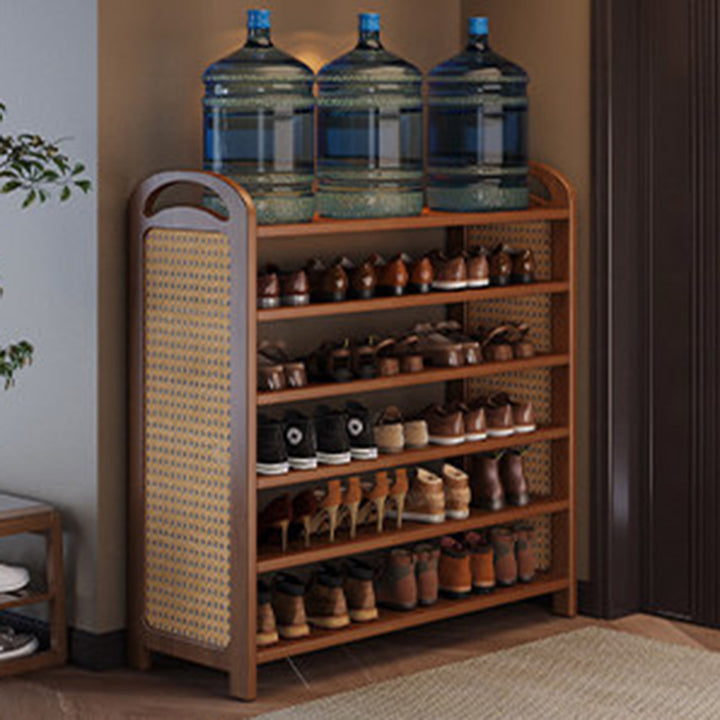 Traditional Japanese Rectangular Nanmu Bamboo MDF PE Rattan Metal Shoe Storage 3/4/5/6 Tier For Entryways