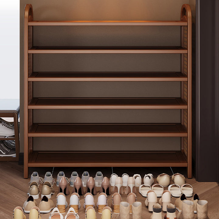 Traditional Japanese Rectangular Nanmu Bamboo MDF PE Rattan Metal Shoe Storage 3/4/5/6 Tier For Entryways
