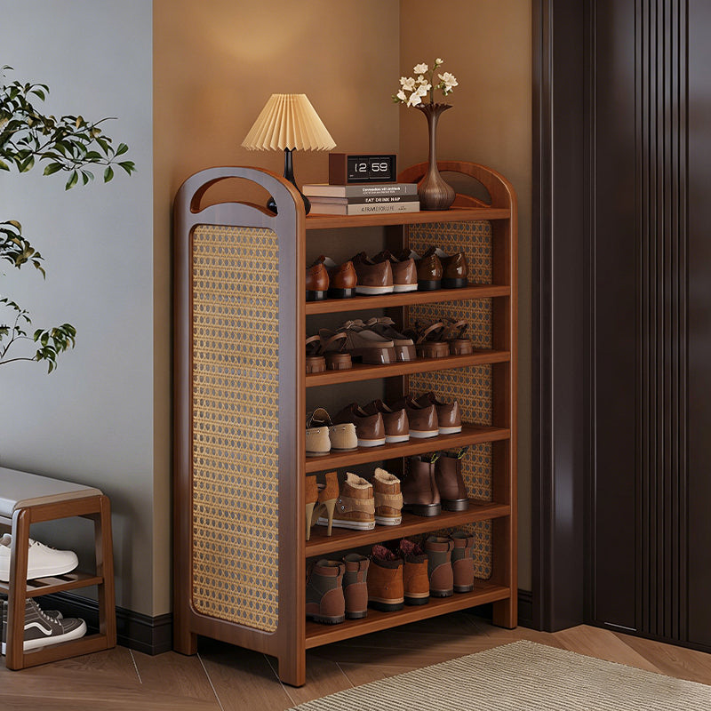 Traditional Japanese Rectangular Nanmu Bamboo MDF PE Rattan Metal Shoe Storage 3/4/5/6 Tier For Entryways
