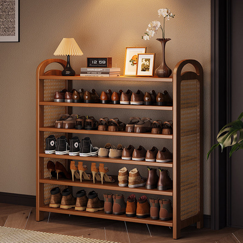 Traditional Japanese Rectangular Nanmu Bamboo MDF PE Rattan Metal Shoe Storage 3/4/5/6 Tier For Entryways