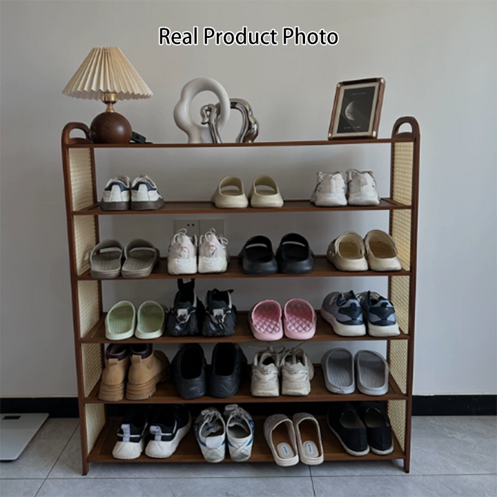 Traditional Japanese Rectangular Nanmu Bamboo MDF PE Rattan Metal Shoe Storage 3/4/5/6 Tier For Entryways
