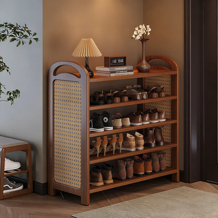 Traditional Japanese Rectangular Nanmu Bamboo MDF PE Rattan Metal Shoe Storage 3/4/5/6 Tier For Entryways