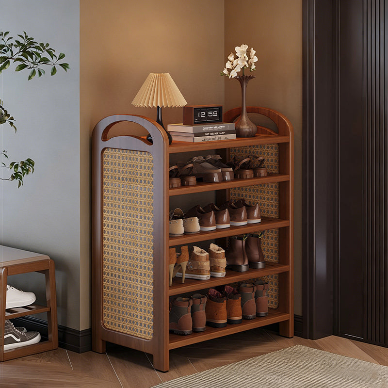 Traditional Japanese Rectangular Nanmu Bamboo MDF PE Rattan Metal Shoe Storage 3/4/5/6 Tier For Entryways