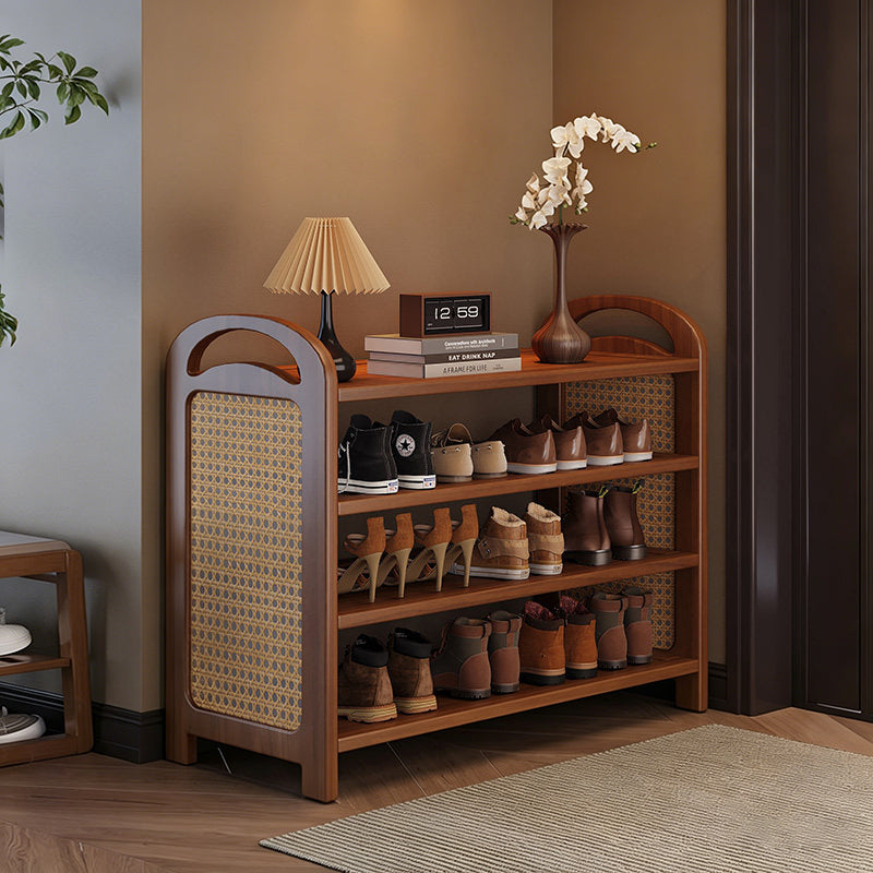 Traditional Japanese Rectangular Nanmu Bamboo MDF PE Rattan Metal Shoe Storage 3/4/5/6 Tier For Entryways