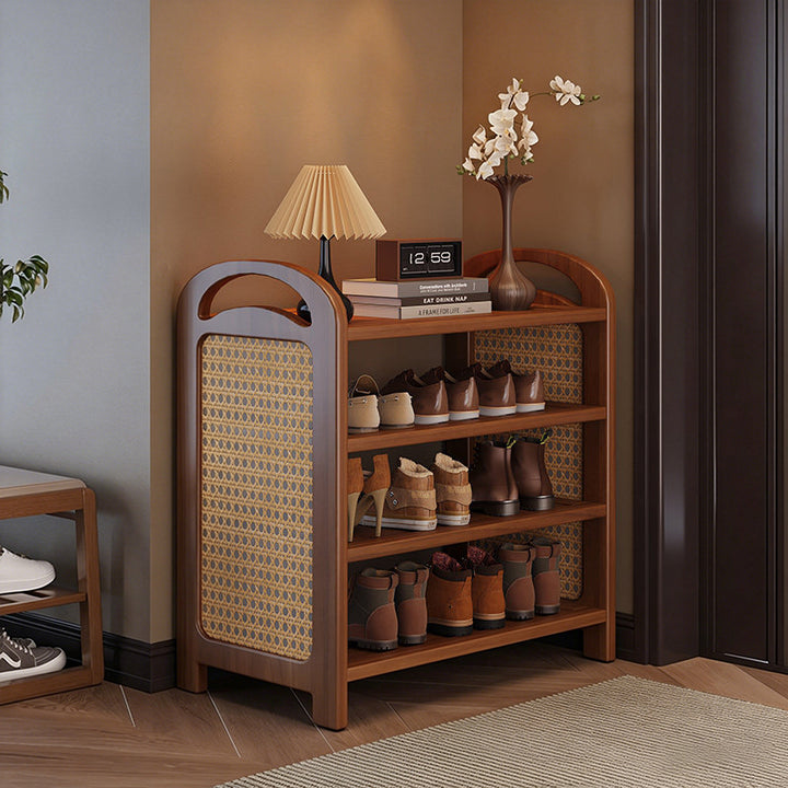 Traditional Japanese Rectangular Nanmu Bamboo MDF PE Rattan Metal Shoe Storage 3/4/5/6 Tier For Entryways