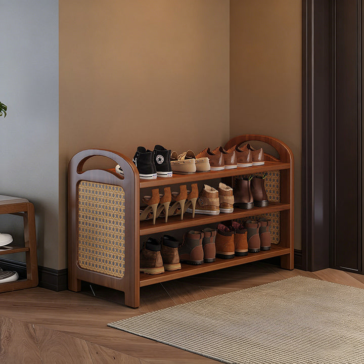 Traditional Japanese Rectangular Nanmu Bamboo MDF PE Rattan Metal Shoe Storage 3/4/5/6 Tier For Entryways