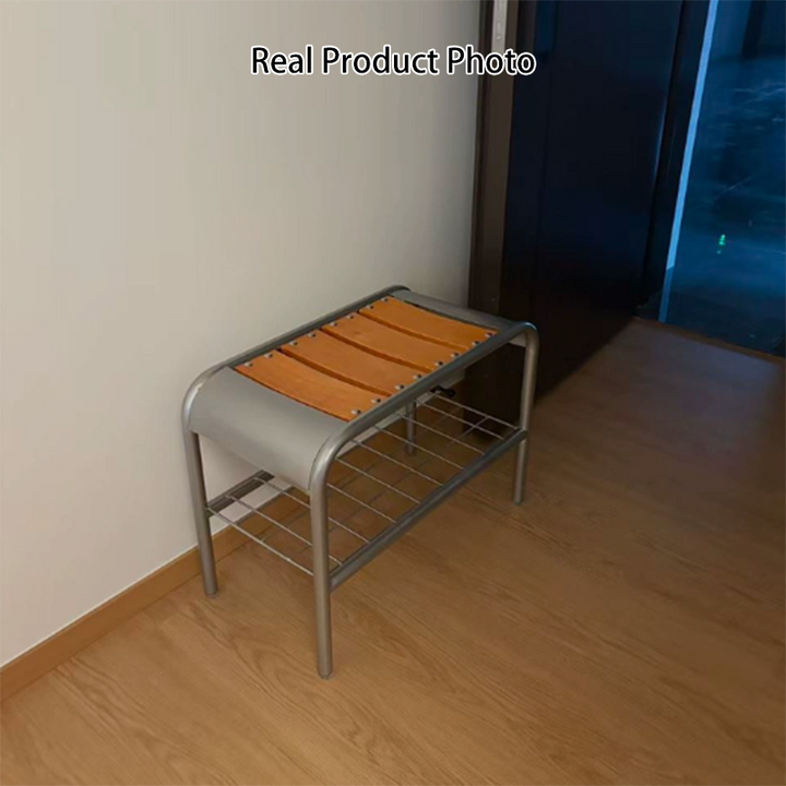 Modern Minimalist Rectangular Curved Iron Plywood Shoe Bench Armless For Entryways