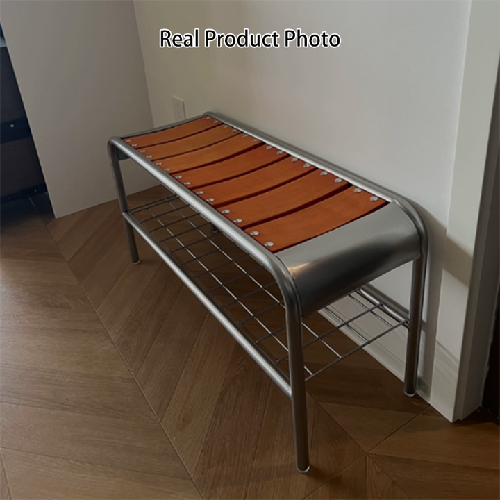 Modern Minimalist Rectangular Curved Iron Plywood Shoe Bench Armless For Entryways