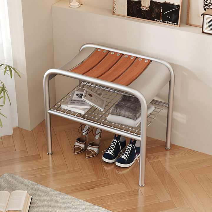 Modern Minimalist Rectangular Curved Iron Plywood Shoe Bench Armless For Entryways
