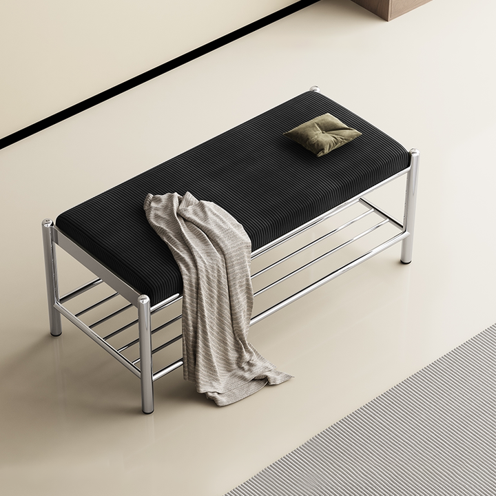 Modern Minimalist Rectangular Stainless Steel &amp; Corduroy Shoe Bench Armless For Entryways