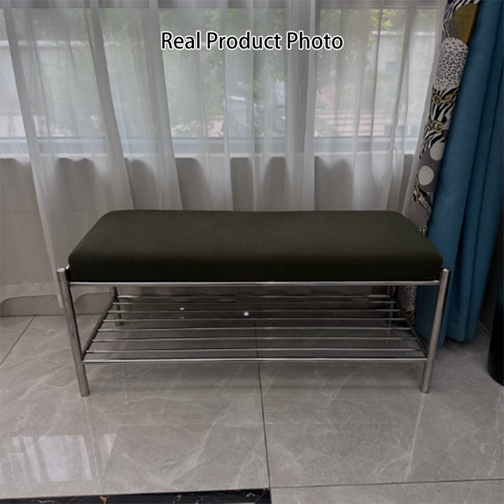 Modern Minimalist Rectangular Stainless Steel &amp; Corduroy Shoe Bench Armless For Entryways
