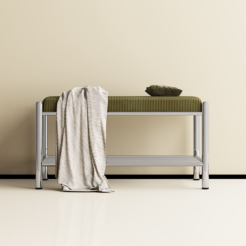 Modern Minimalist Rectangular Stainless Steel &amp; Corduroy Shoe Bench Armless For Entryways
