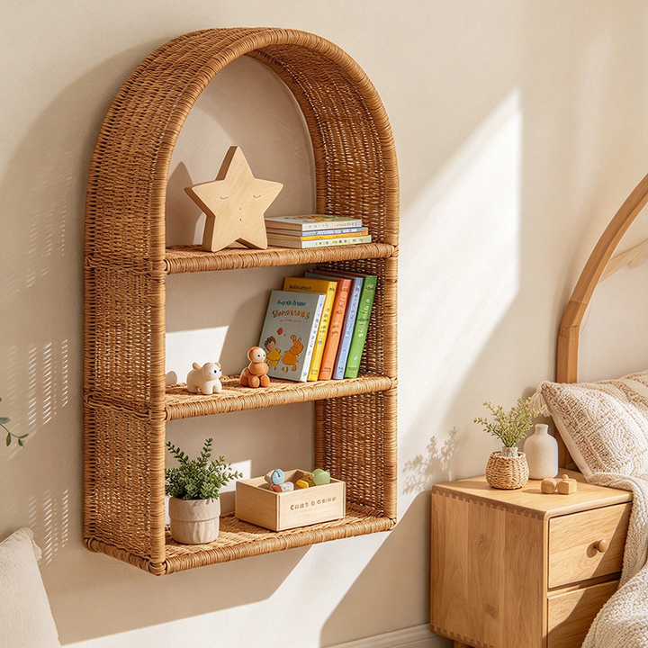 Modern Minimalist Natural Rattan Rectangular Arched Storage Shelf 3-Tier For Living Room