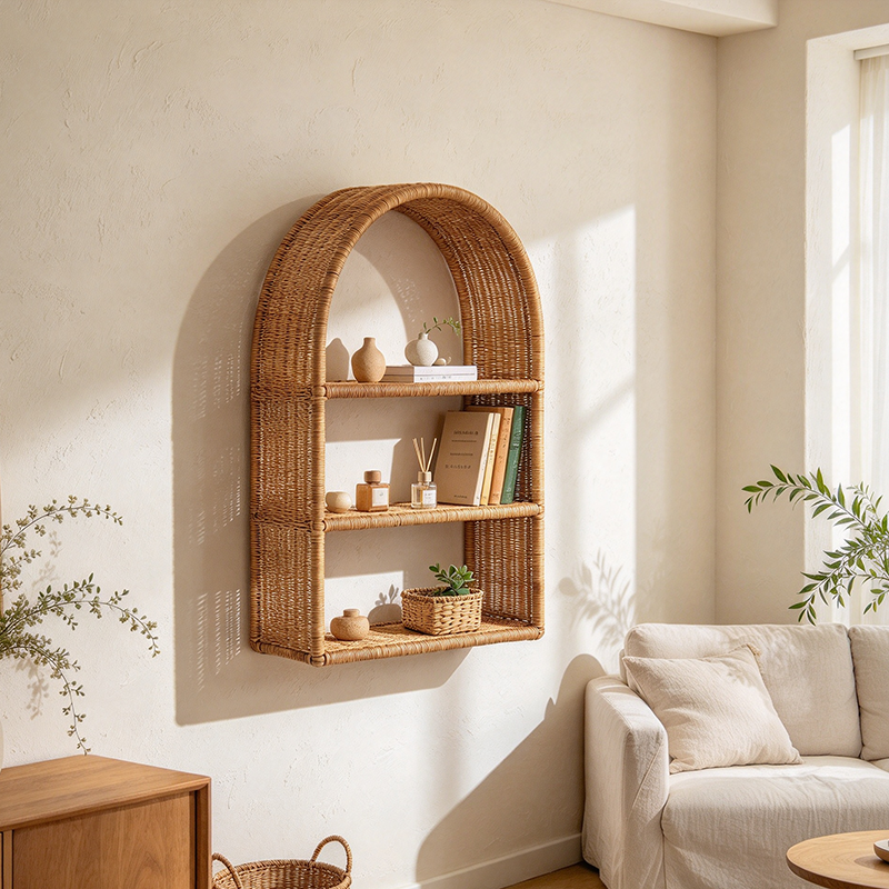 Modern Minimalist Natural Rattan Rectangular Arched Storage Shelf 3-Tier For Living Room