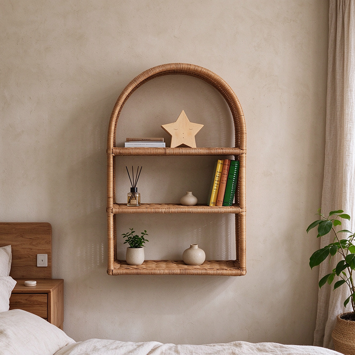Modern Minimalist Natural Rattan Rectangular Arched Storage Shelf 3-Tier For Living Room