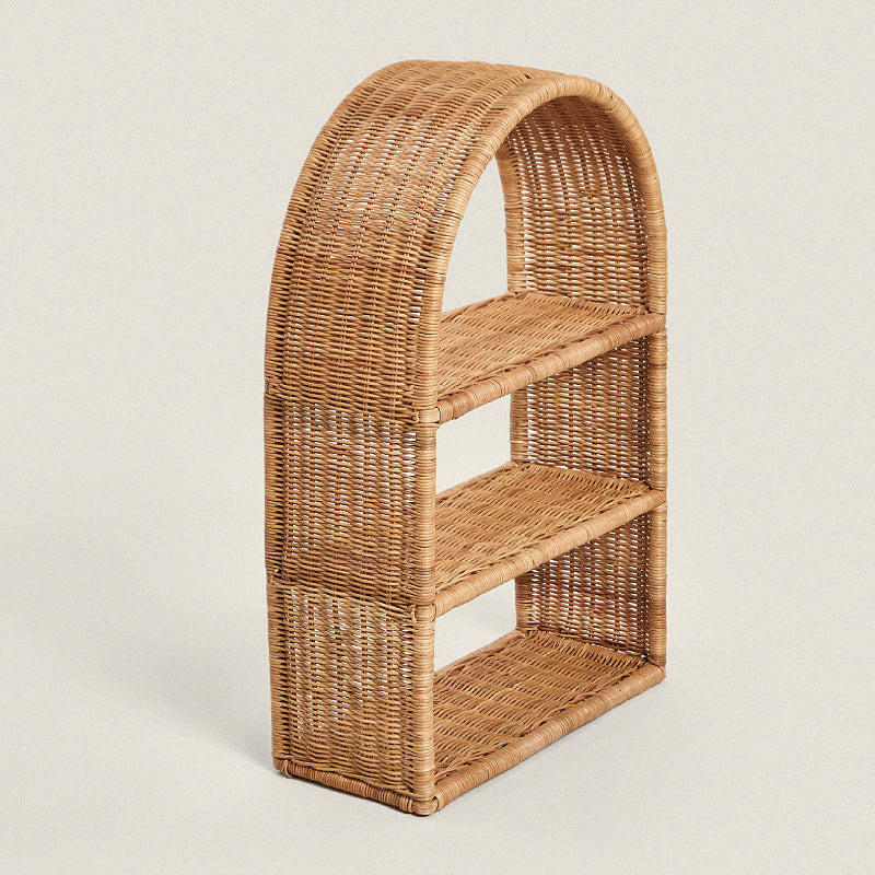 Modern Minimalist Natural Rattan Rectangular Arched Storage Shelf 3-Tier For Living Room