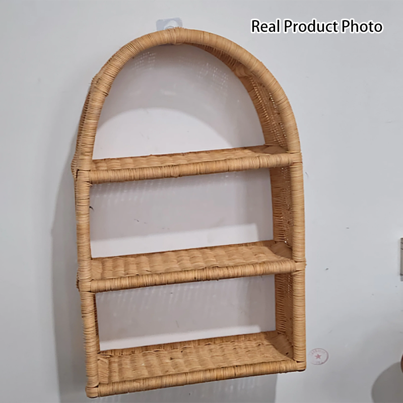 Modern Minimalist Natural Rattan Rectangular Arched Storage Shelf 3-Tier For Living Room