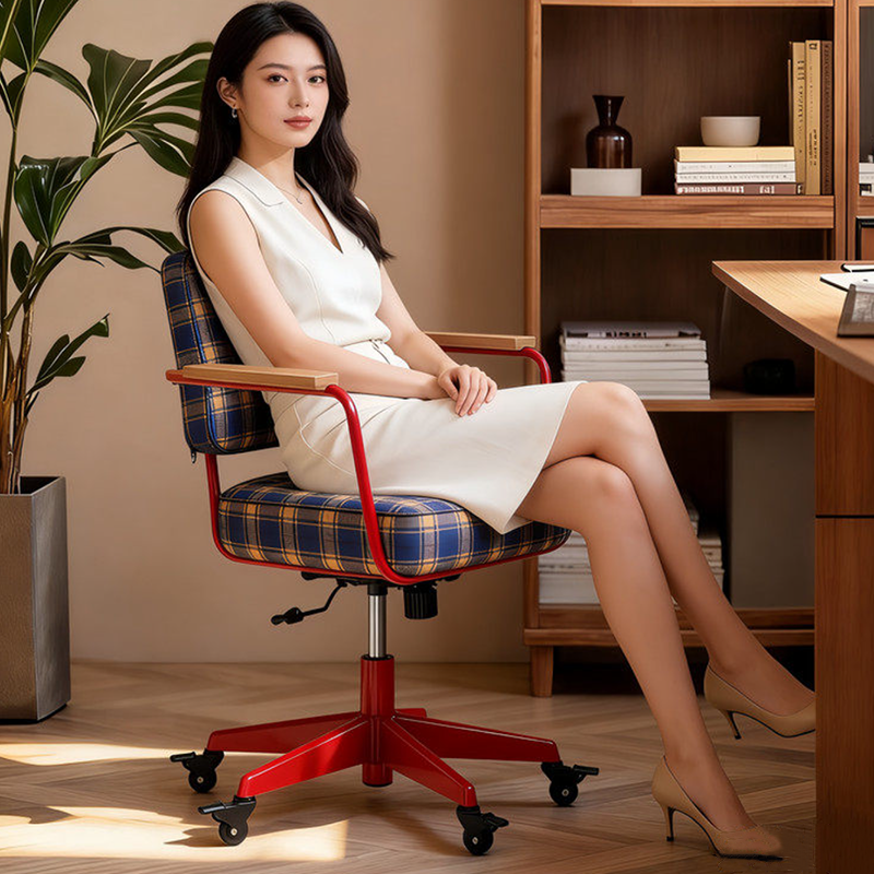 Traditional Vintage Cotton Linen Iron Foam Sponge Rubberwood Movable Adjustable Swivel Desk Chair Backrest Armrest For Home Office