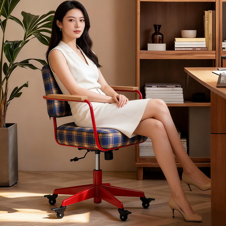 Traditional Vintage Cotton Linen Iron Foam Sponge Rubberwood Movable Adjustable Swivel Desk Chair Backrest Armrest For Home Office
