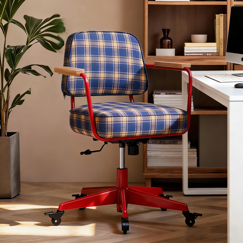 Traditional Vintage Cotton Linen Iron Foam Sponge Rubberwood Movable Adjustable Swivel Desk Chair Backrest Armrest For Home Office