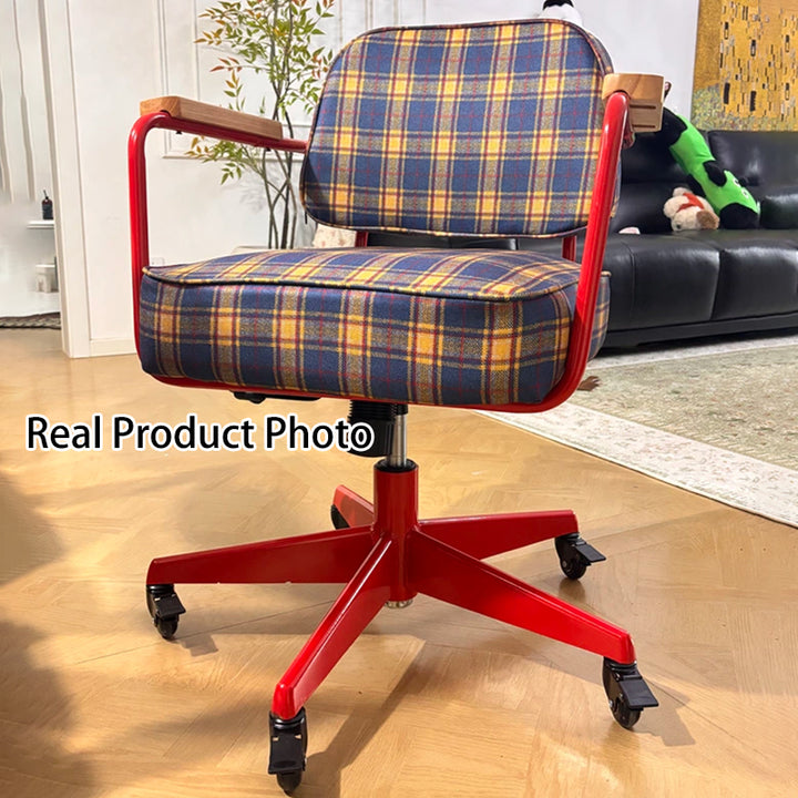 Traditional Vintage Cotton Linen Iron Foam Sponge Rubberwood Movable Adjustable Swivel Desk Chair Backrest Armrest For Home Office