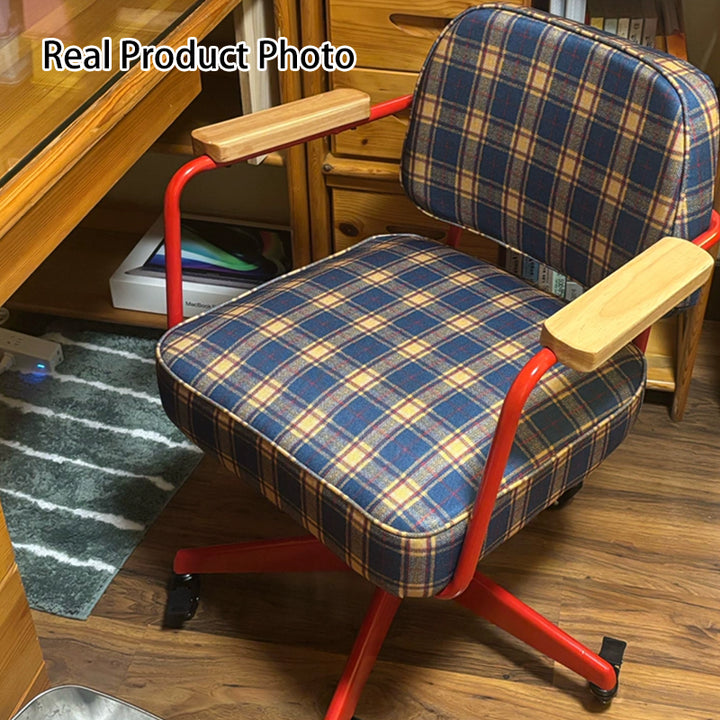 Traditional Vintage Cotton Linen Iron Foam Sponge Rubberwood Movable Adjustable Swivel Desk Chair Backrest Armrest For Home Office