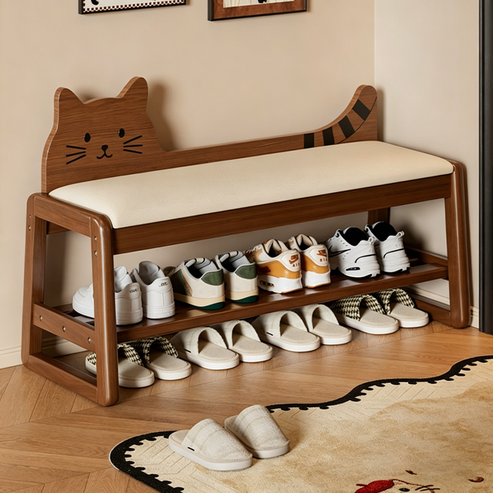 Modern Minimalist PU Leather Rubberwood MDF Foam Sponge Cat Shaped Space-Saving Rectangular Shoe Bench For Entryway
