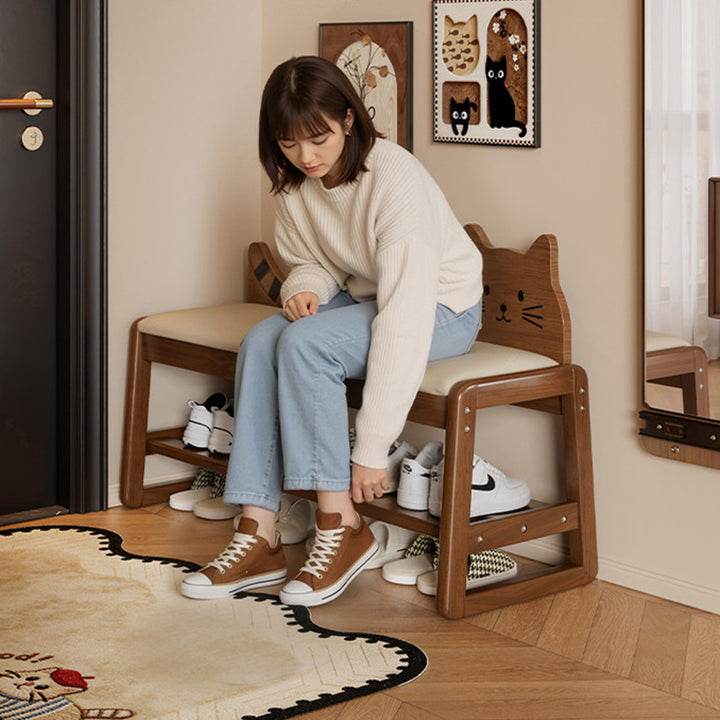Modern Minimalist PU Leather Rubberwood MDF Foam Sponge Cat Shaped Space-Saving Rectangular Shoe Bench For Entryway