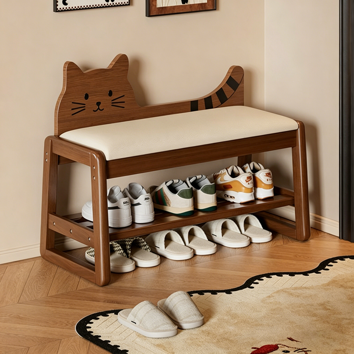 Modern Minimalist PU Leather Rubberwood MDF Foam Sponge Cat Shaped Space-Saving Rectangular Shoe Bench For Entryway