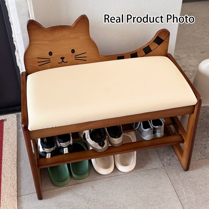 Modern Minimalist PU Leather Rubberwood MDF Foam Sponge Cat Shaped Space-Saving Rectangular Shoe Bench For Entryway